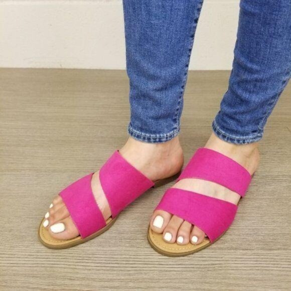 Hot Pink Vegan Suede Flat Comfort Sandals - Picture 6 of 8